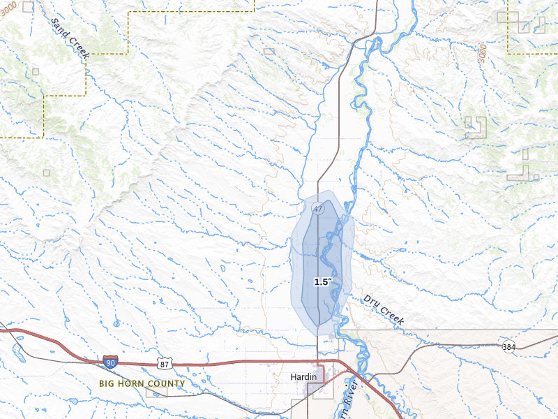 NEXRAD radar-signature map of the hail storm over Hardin, MT on Jun 26, 2026