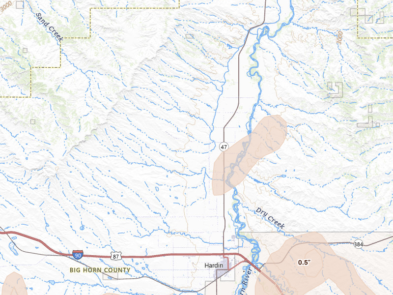 Radar-estimated hail-size map of the storm over Hardin, MT on Jun 27, 2026