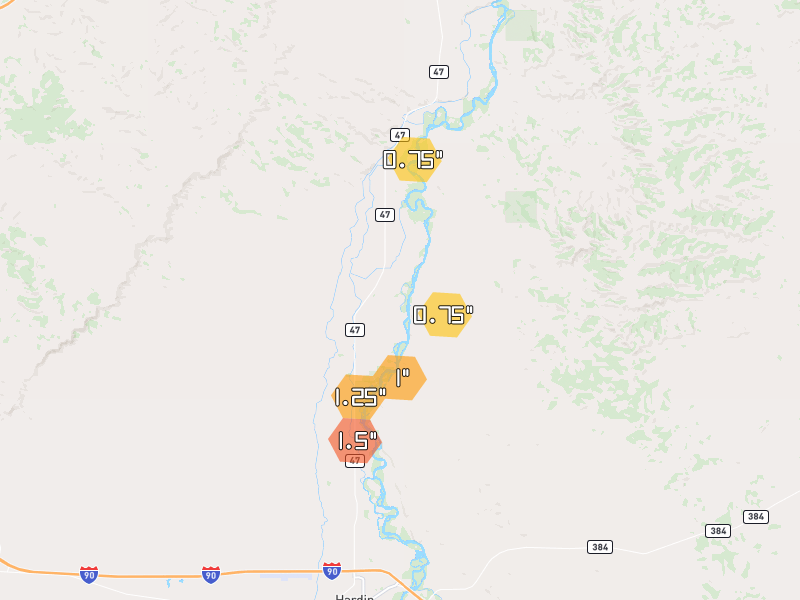 Hail map of Hardin, MT on Jun 27, 2026, hail up to 1.5"