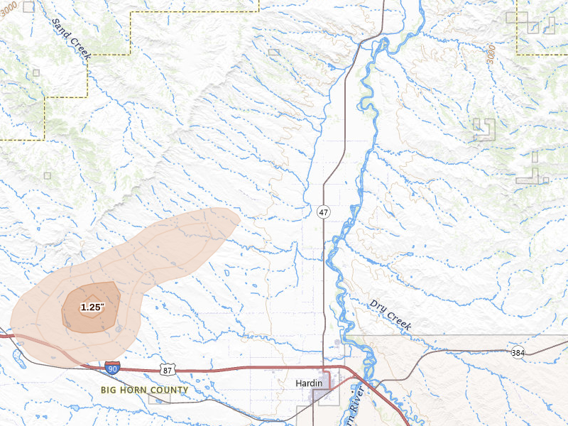 Radar-estimated hail-size map of the storm over Hardin, MT on Jul 3, 2026