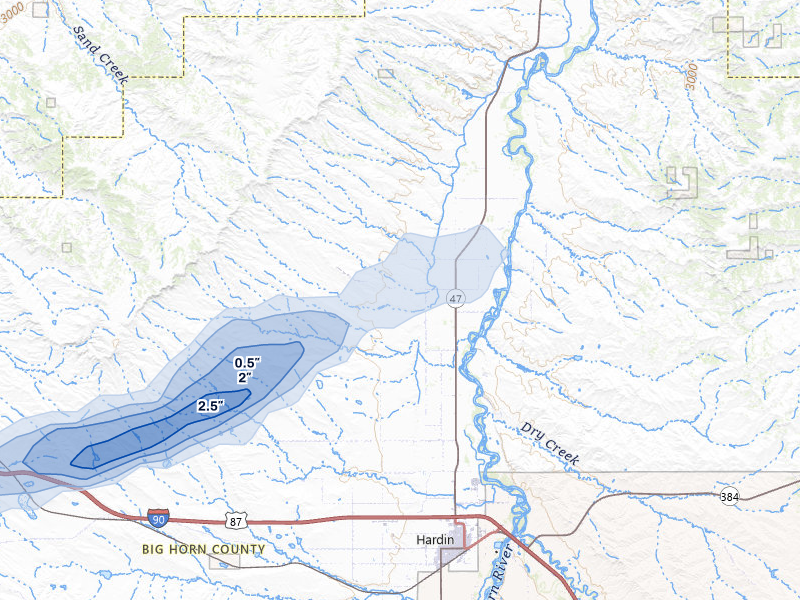 NEXRAD radar-signature map of the hail storm over Hardin, MT on Jul 3, 2026