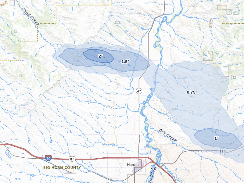 NEXRAD radar-signature map of the hail storm over Hardin, MT on Jul 8, 2026