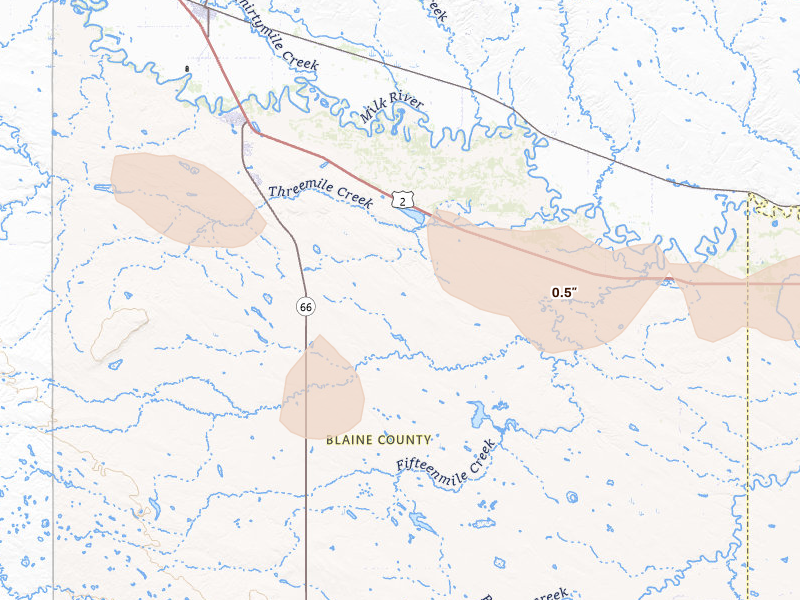 Radar-estimated hail-size map of the storm over Harlem, MT on Aug 16, 2026
