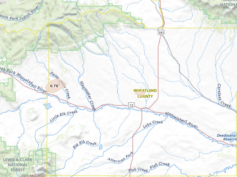 Radar-estimated hail-size map of the storm over Harlowton, MT on Jul 8, 2026