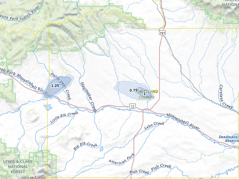 NEXRAD radar-signature map of the hail over Harlowton, MT