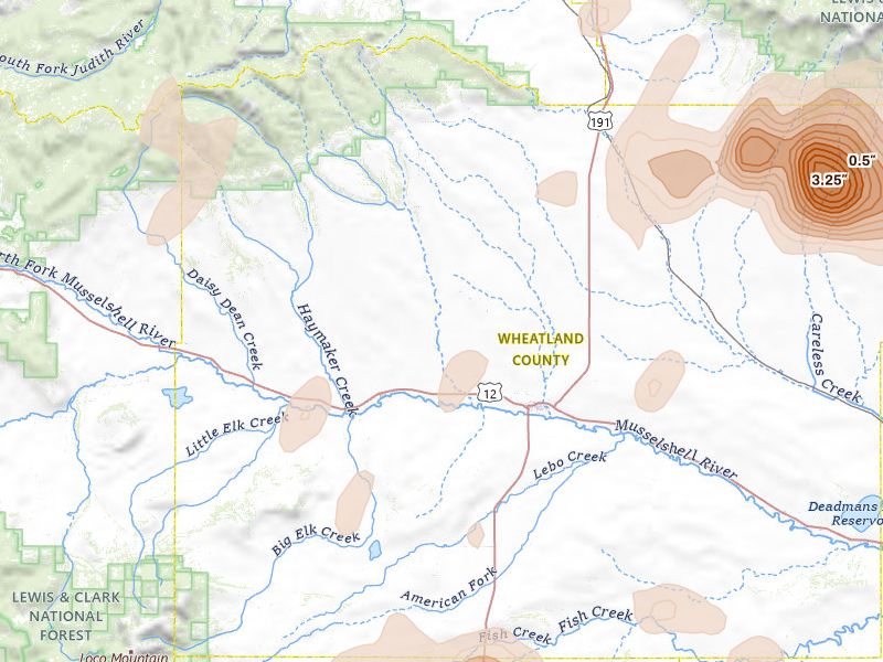 Radar-estimated hail-size map of the storm over Harlowton, MT on Jul 14, 2026