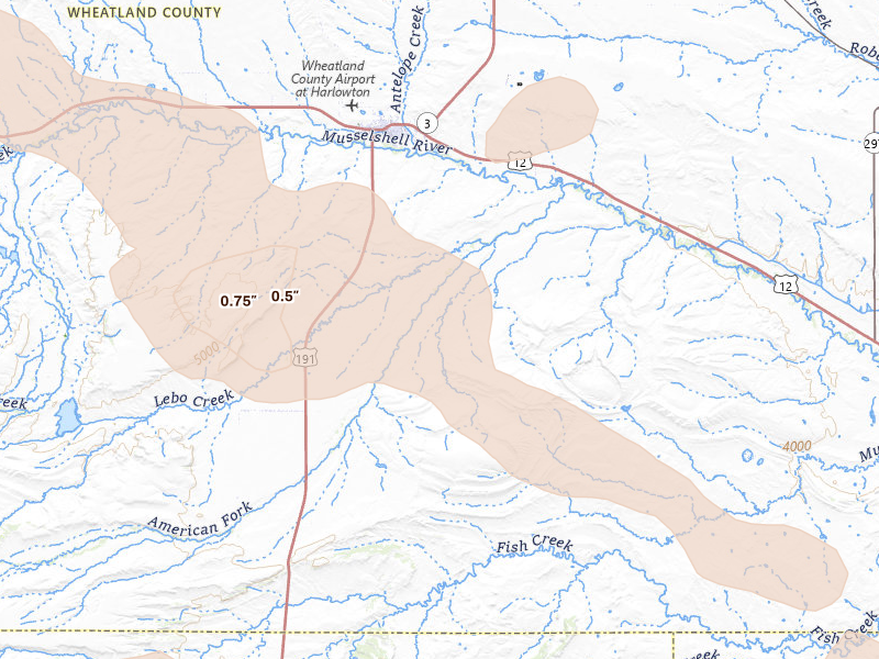 Radar-estimated hail-size map of the storm over Harlowton, MT on Aug 12, 2026
