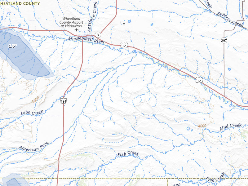 NEXRAD radar-signature map of the hail storm over Harlowton, MT on Aug 12, 2026