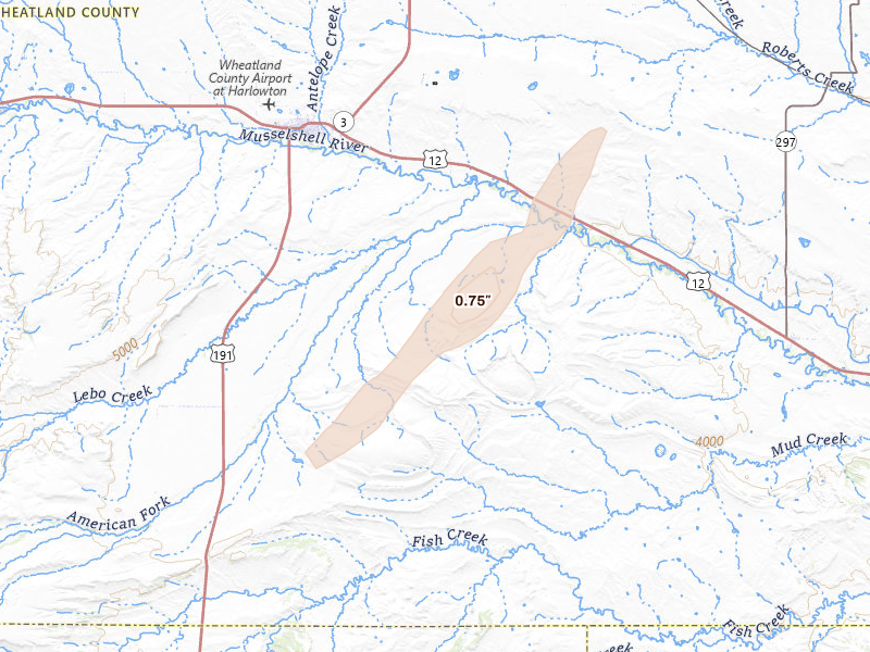 Radar-estimated hail-size map of the storm over Harlowton, MT on Aug 14, 2026