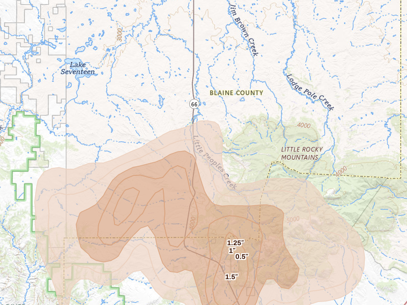 Radar-estimated hail-size map of the storm over Hays, MT on May 29, 2026