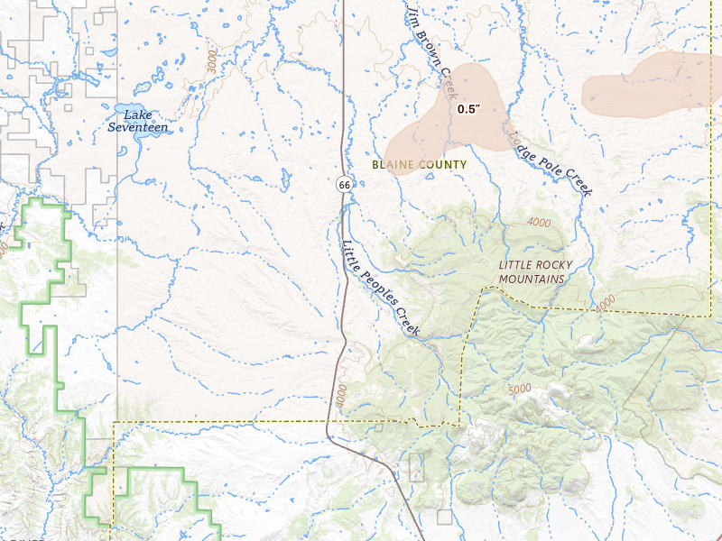 Radar-estimated hail-size map of the storm over Hays, MT on Jul 8, 2026