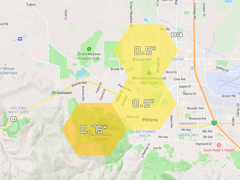 Hail map of Helena, MT on Jul 1, 2026, hail up to 0.75"