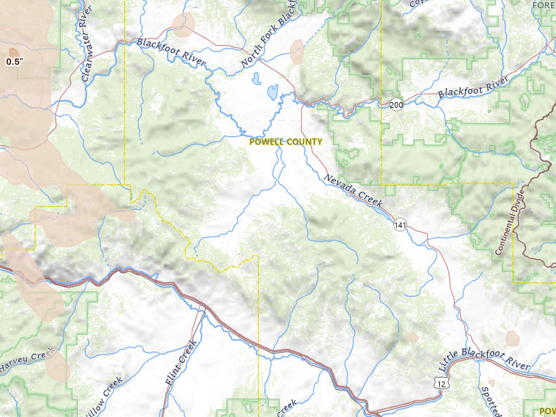 Radar-estimated hail-size map of the storm over Helmville, MT on May 28, 2026