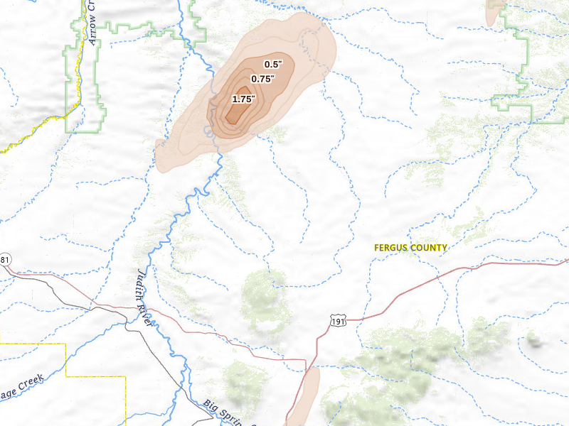 Radar-estimated hail-size map of the storm over Hilger, MT on Jun 26, 2026