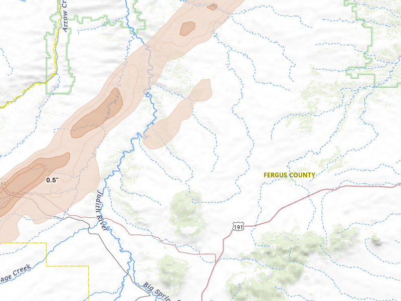 Radar-estimated hail-size map of the storm over Hilger, MT on Jul 5, 2026