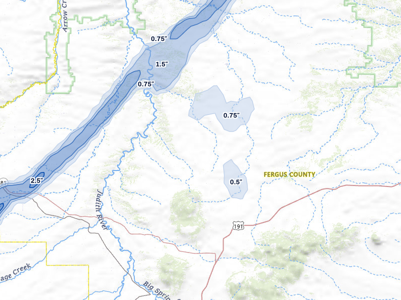 NEXRAD radar-signature map of the hail storm over Hilger, MT on Jul 5, 2026