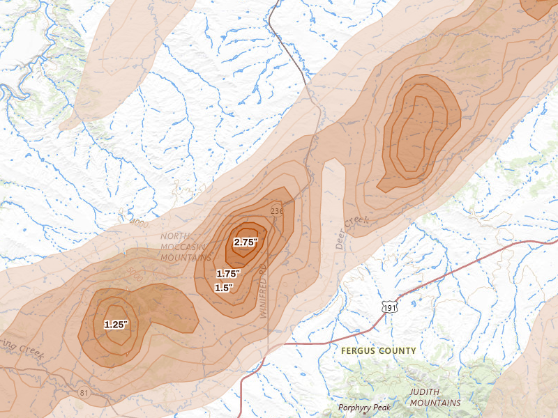 Radar-estimated hail-size map of the storm over Hilger, MT