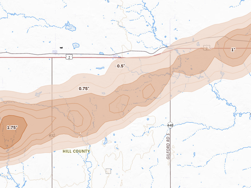 Radar-estimated hail-size map of the storm over Hingham, MT on Aug 23, 2026
