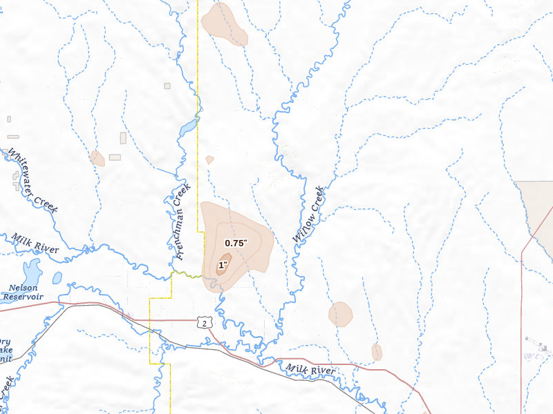Radar-estimated hail-size map of the storm over Hinsdale, MT on May 29, 2026