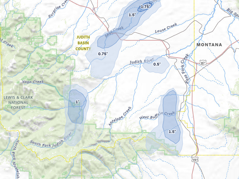 NEXRAD radar-signature map of the hail storm over Hobson, MT on May 28, 2026