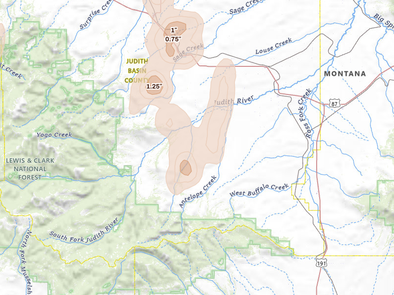 Radar-estimated hail-size map of the storm over Hobson, MT on May 29, 2026
