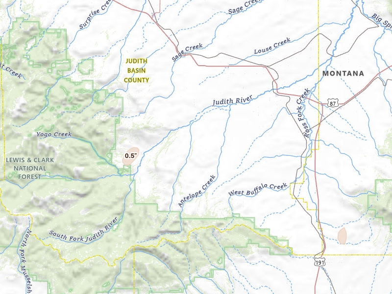 Radar-estimated hail-size map of the storm over Hobson, MT on Jul 1, 2026