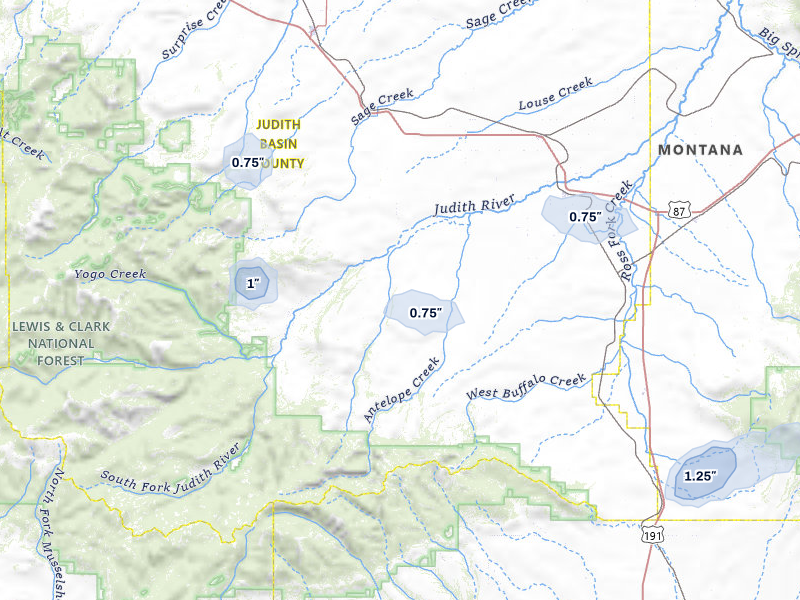 NEXRAD radar-signature map of the hail storm over Hobson, MT on Jul 1, 2026