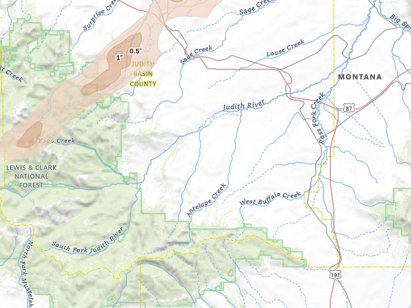Radar-estimated hail-size map of the storm over Hobson, MT on Jul 5, 2026