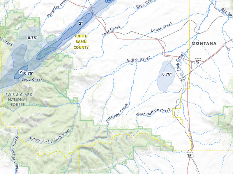 NEXRAD radar-signature map of the hail storm over Hobson, MT on Jul 5, 2026