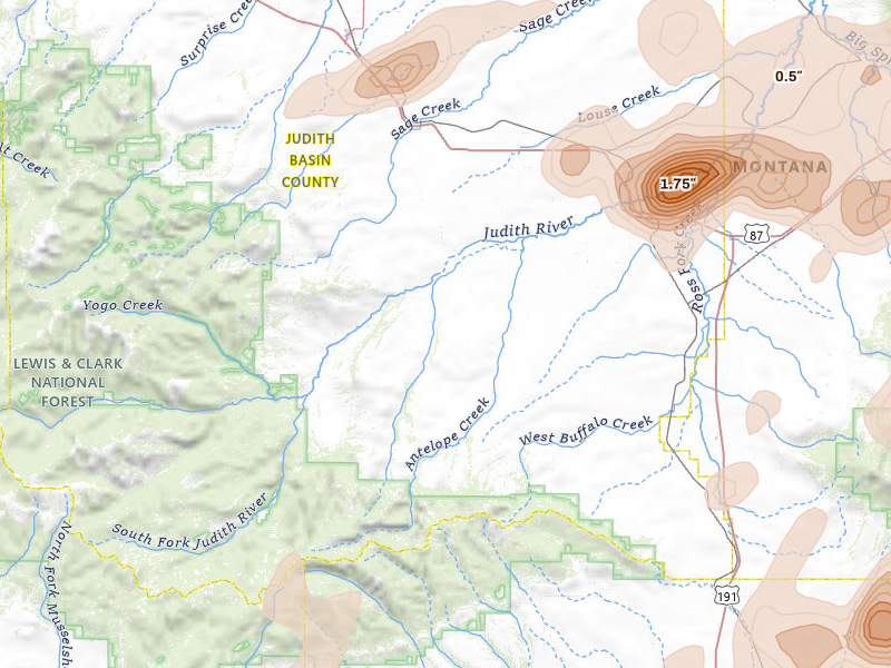 Radar-estimated hail-size map of the storm over Hobson, MT on Jul 14, 2026