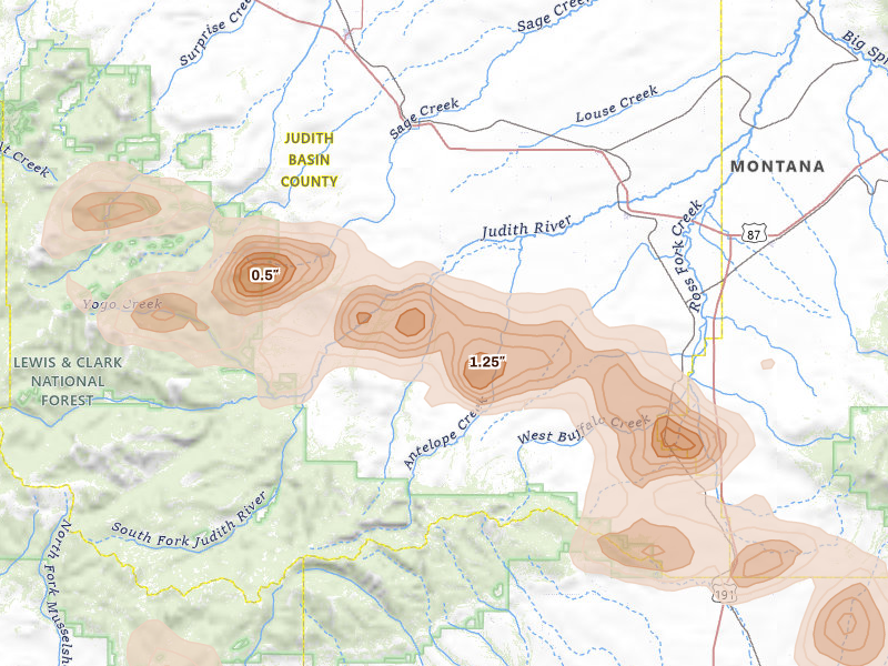 Radar-estimated hail-size map of the storm over Hobson, MT on Jul 16, 2026