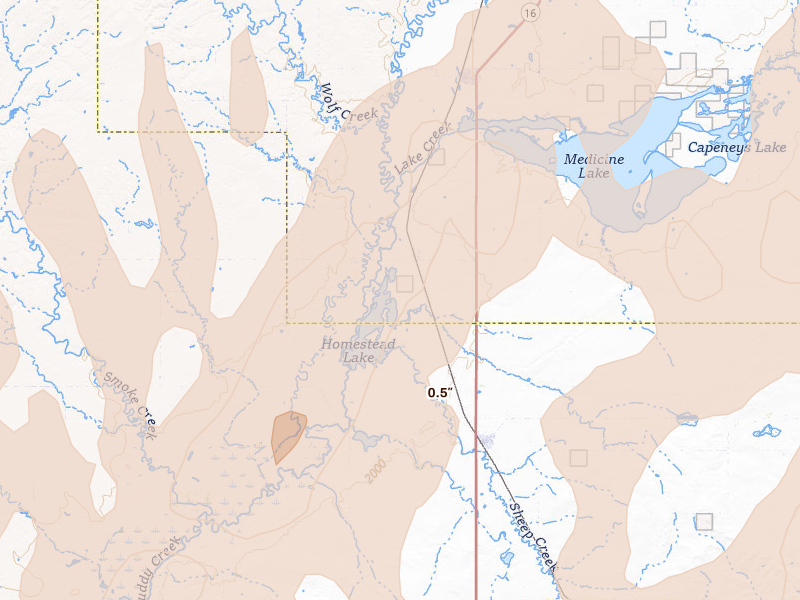 Radar-estimated hail-size map of the storm over Homestead, MT on Jun 6, 2026