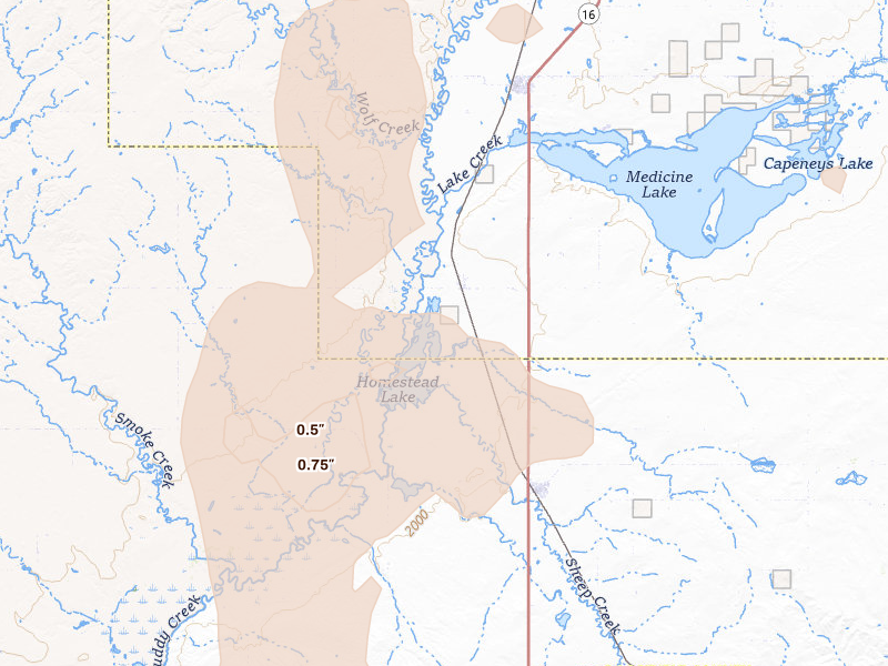 Radar-estimated hail-size map of the storm over Homestead, MT on Jun 27, 2026