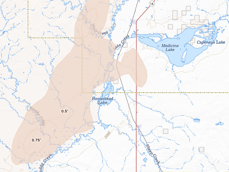 Radar-estimated hail-size map of the storm over Homestead, MT on Jul 3, 2026