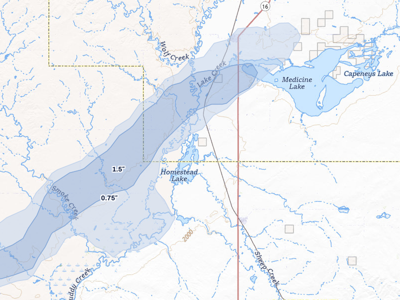 NEXRAD radar-signature map of the hail storm over Homestead, MT on Jul 3, 2026