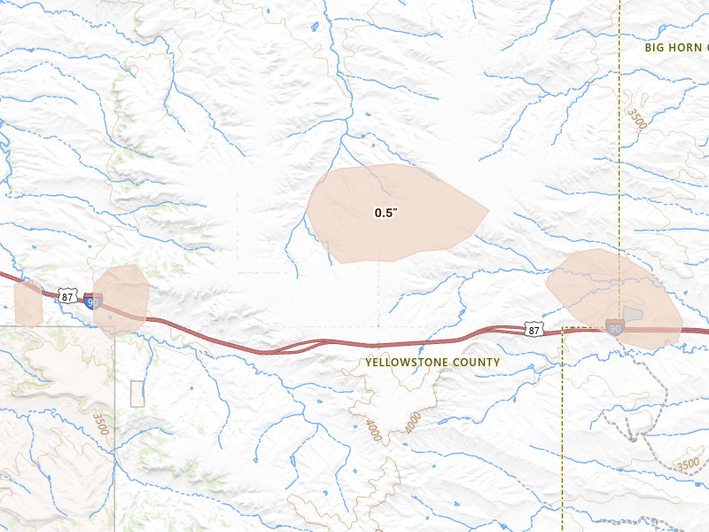 Radar-estimated hail-size map of the storm over Huntley, MT on Jul 8, 2026