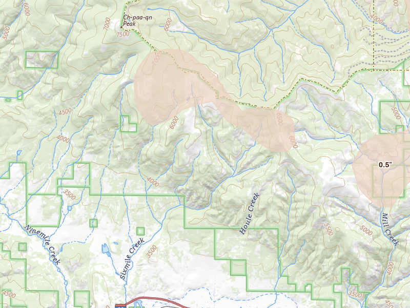 Radar-estimated hail-size map of the storm over Huson, MT on May 29, 2026