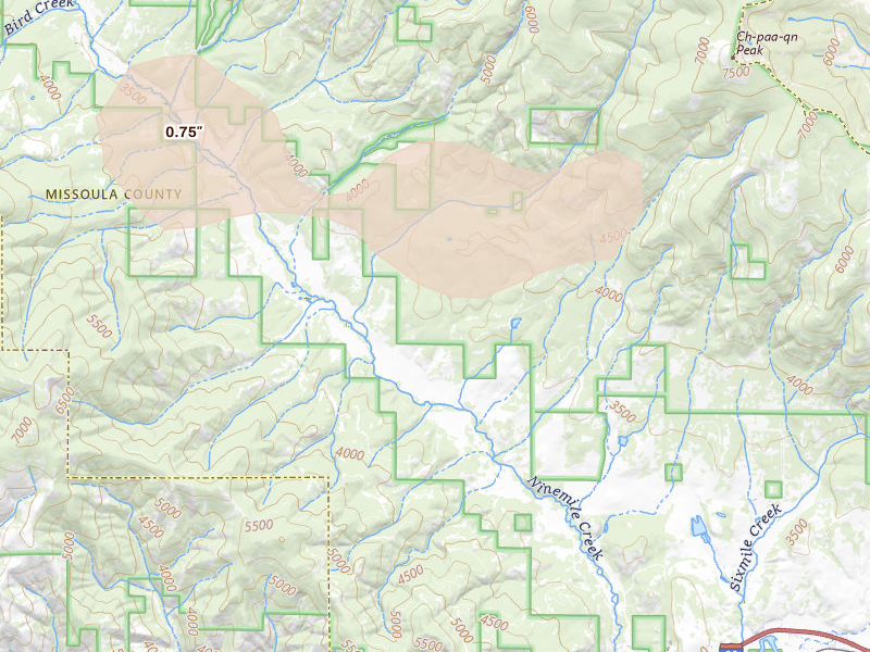 Radar-estimated hail-size map of the storm over Huson, MT on Aug 14, 2026