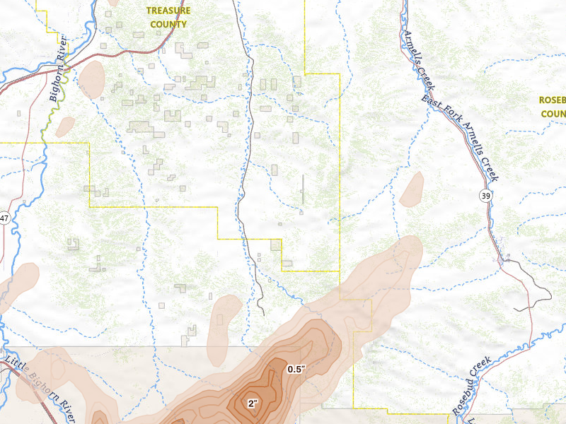 Radar-estimated hail-size map of the storm over Hysham, MT on Jun 27, 2026