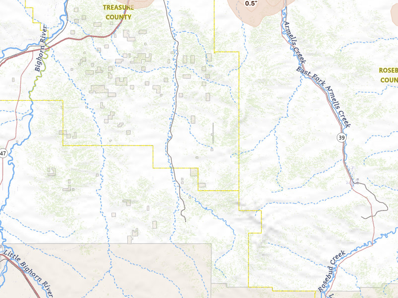 Radar-estimated hail-size map of the storm over Hysham, MT on Jul 3, 2026