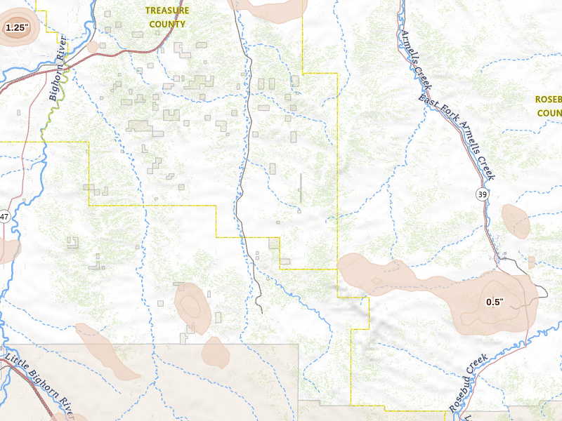 Radar-estimated hail-size map of the storm over Hysham, MT on Jul 8, 2026