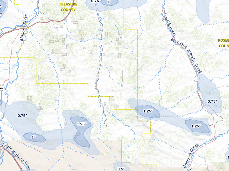 NEXRAD radar-signature map of the hail storm over Hysham, MT on Jul 8, 2026
