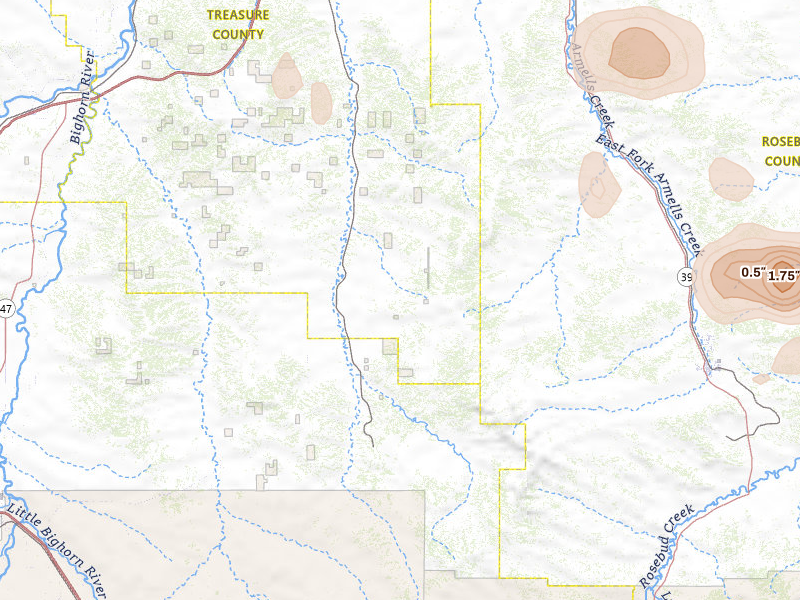 Radar-estimated hail-size map of the storm over Hysham, MT on Jul 16, 2026