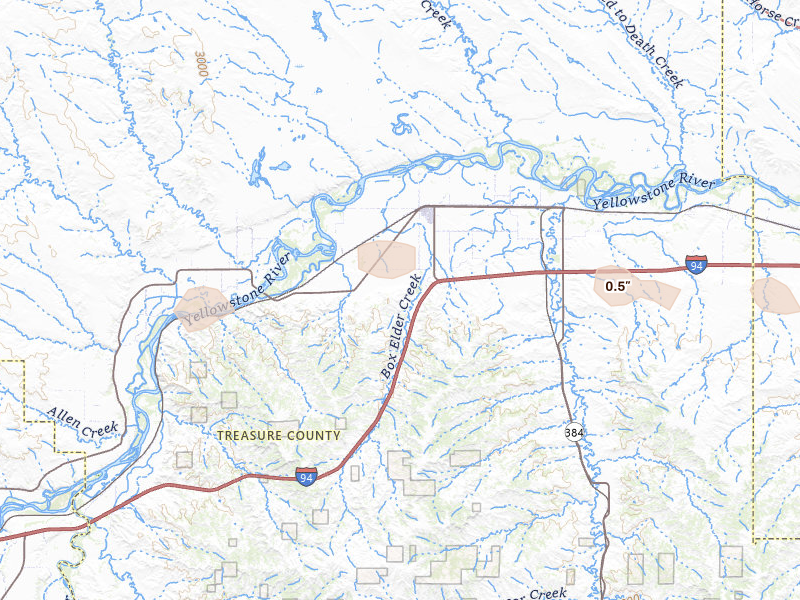 Radar-estimated hail-size map of the storm over Hysham, MT on Aug 17, 2026