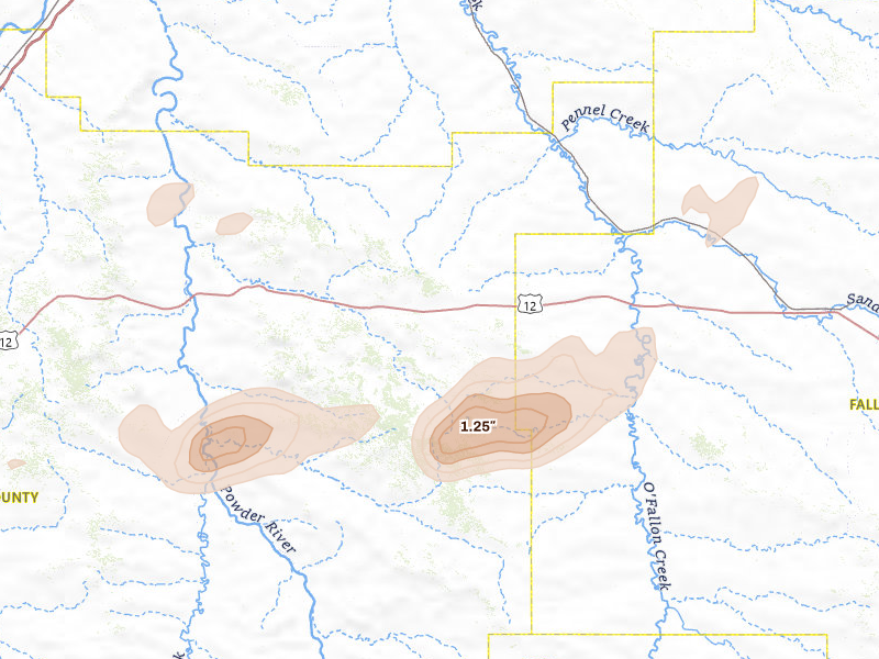 Radar-estimated hail-size map of the storm over Ismay, MT on Sep 2, 2026
