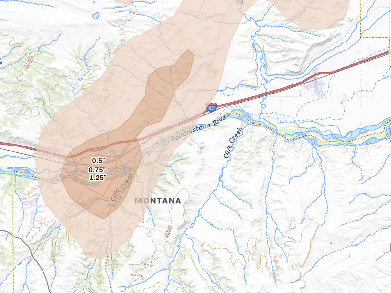 Radar-estimated hail-size map of the storm over Joliet, MT on Jun 27, 2026
