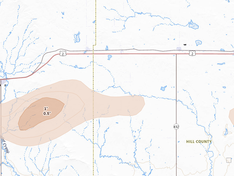 Radar-estimated hail-size map of the storm over Joplin, MT on Jul 18, 2026