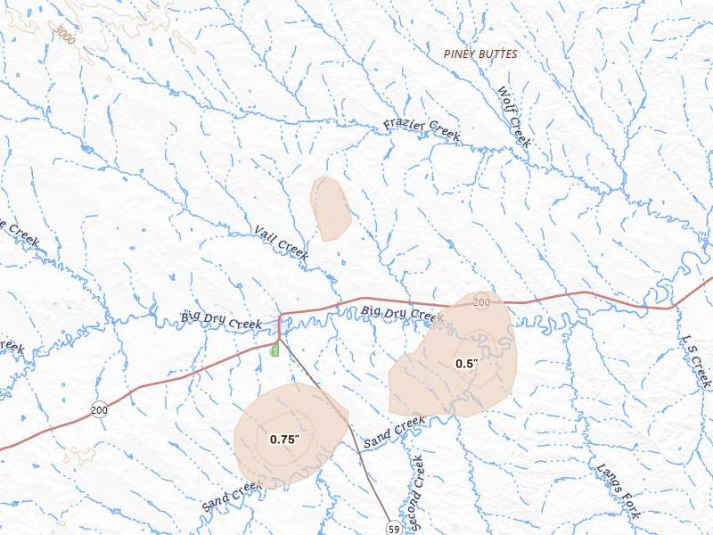 Radar-estimated hail-size map of the storm over Jordan, MT on Jun 27, 2026