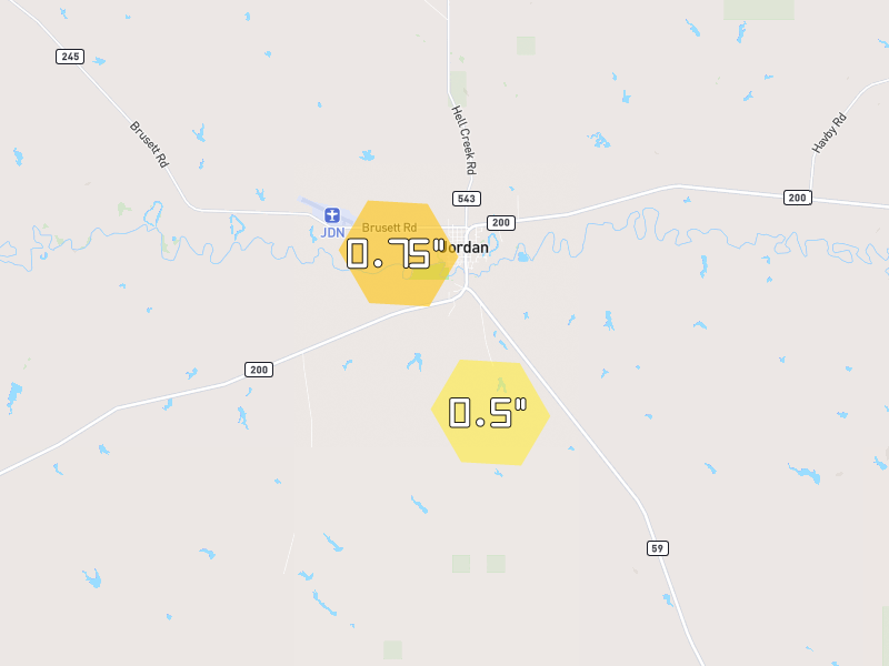 Hail map of Jordan, MT on Jul 3, 2026, hail up to 0.75"