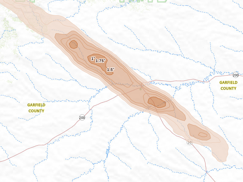 Radar-estimated hail-size map of the storm over Jordan, MT on Aug 17, 2026